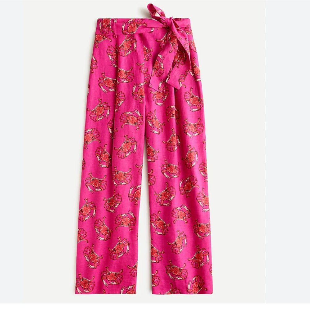 J Crew Tie Waist Linen Pants In Ratti King Crab Print Coastal Resortwear